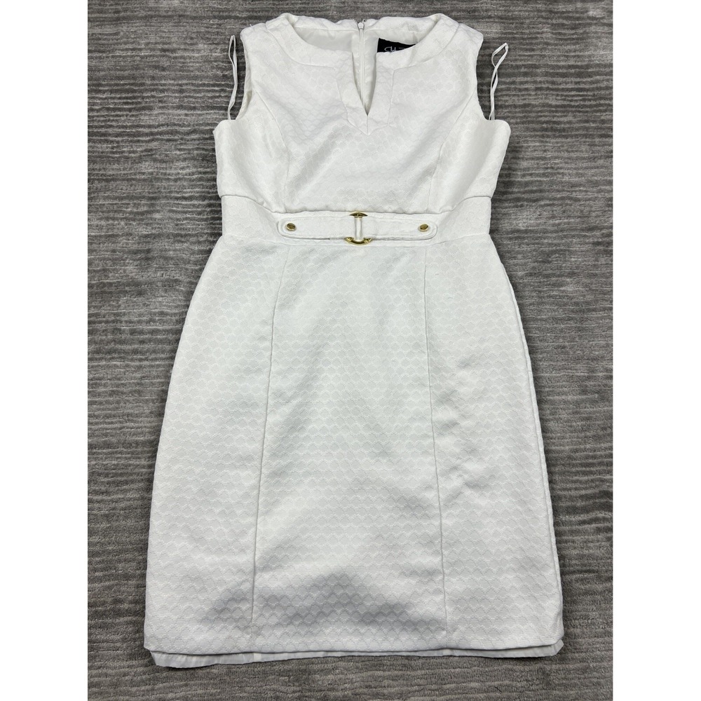 Chelsea Rose Dress‎ Womens 10 White Sheath Polyester Knee Length Lined Belted